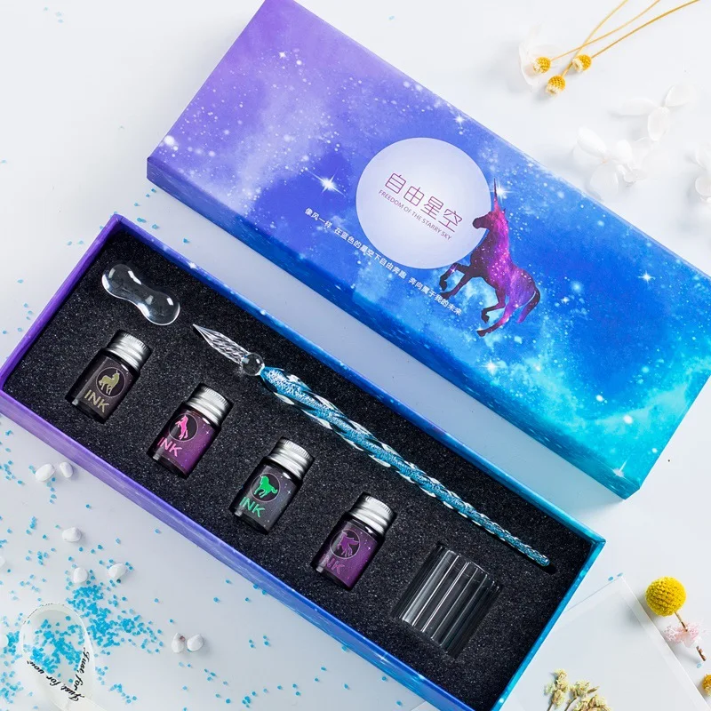 Middle box A JUGAL прозрачная стеклянная ручка звездное небо Dip Ручка Блеск порошок ручка чернила Подарочная коробка набор пишущий инструмент перьевая Dip Ручка подарочная коробка - Цвет: Middle box A