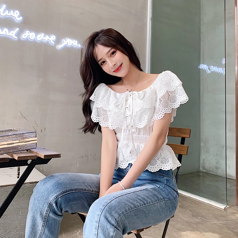 

2019 New Summer Women Shirts Slash necklt Slim Hollow Out Strapless Lace Short Blouse Shirt White 3328