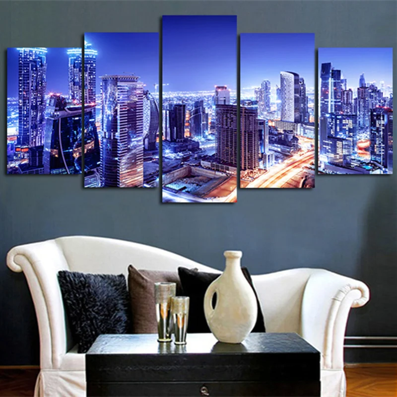 Настенная Картина на холсте с 5 плоскостями синие ночные городские современные