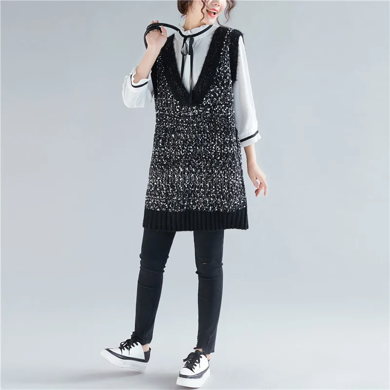 Женское платье майка с v образным вырезом и блестками большие размеры Осень зима