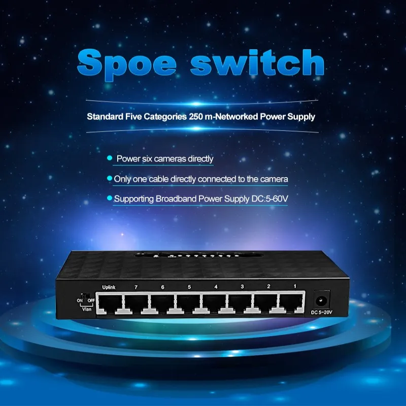 Сетевой коммутатор SPOE 250 м Ethernet с 8 портами 100 Мбит/с 6 разветвителями PoE подходит