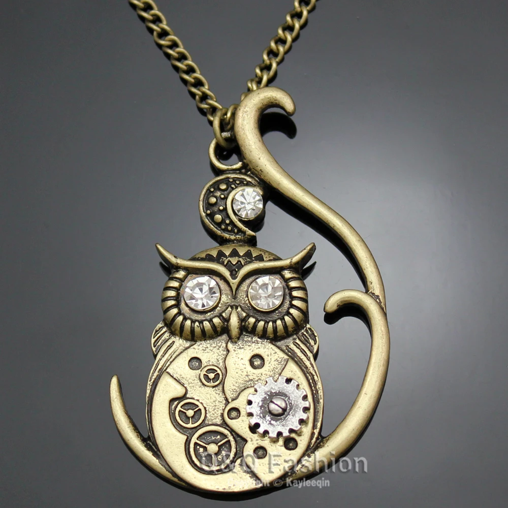 Victorian Athena Owl Hedwig Moon Watch Clock Hand Gear Cog Steampunk Necklace Jewelry New | Украшения и аксессуары