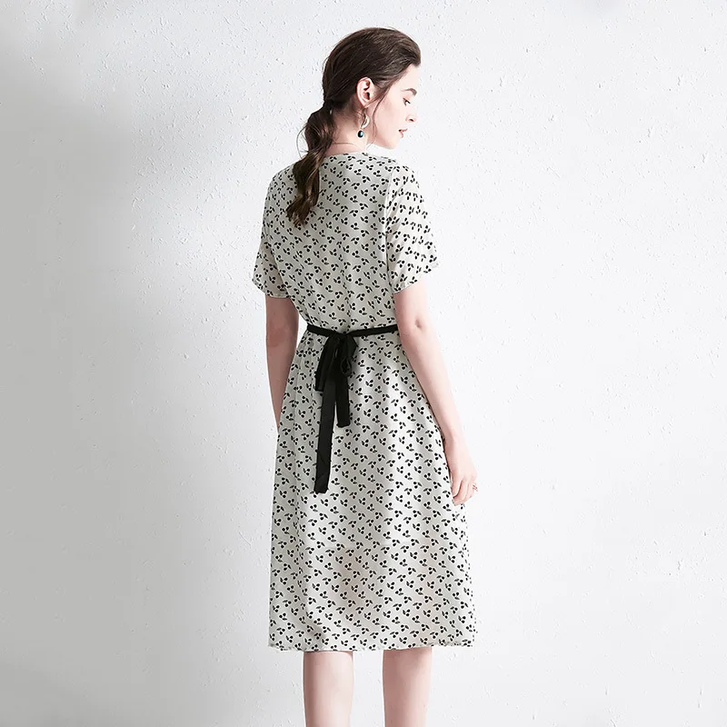 Cherry Print Silk Dress White Summer Elegant Chinese Style Midi Dresses Casual sukienka Short Sleeve Big Size vestidos mori girl | Женская