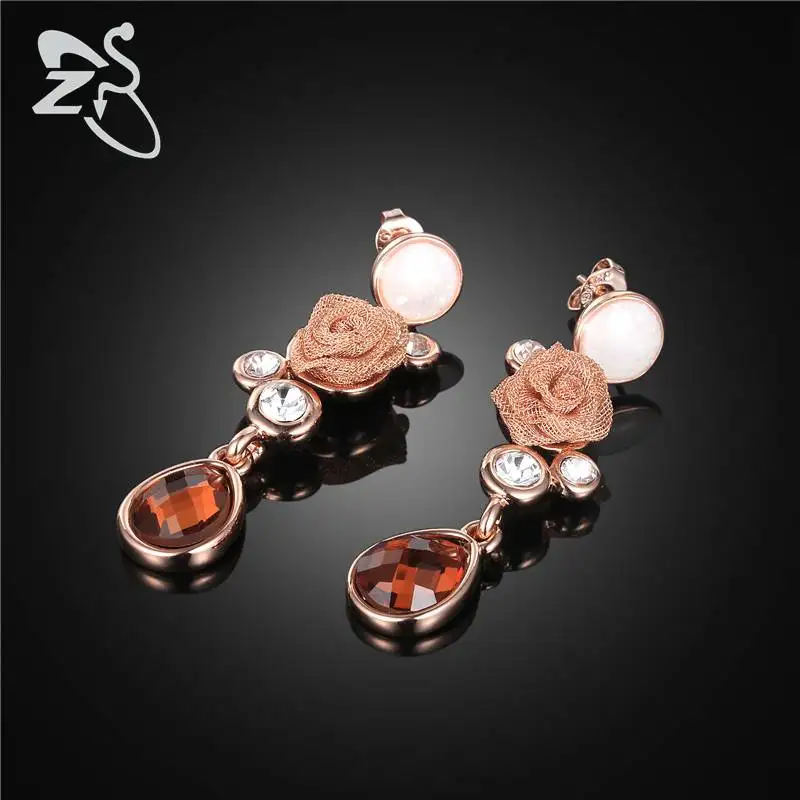 ZS Crystal Drop Earrings Jewelry Flower for Women Vintage Rose Gold Dangle Earring Glass Stone boucle d'oreille femelle | Украшения и