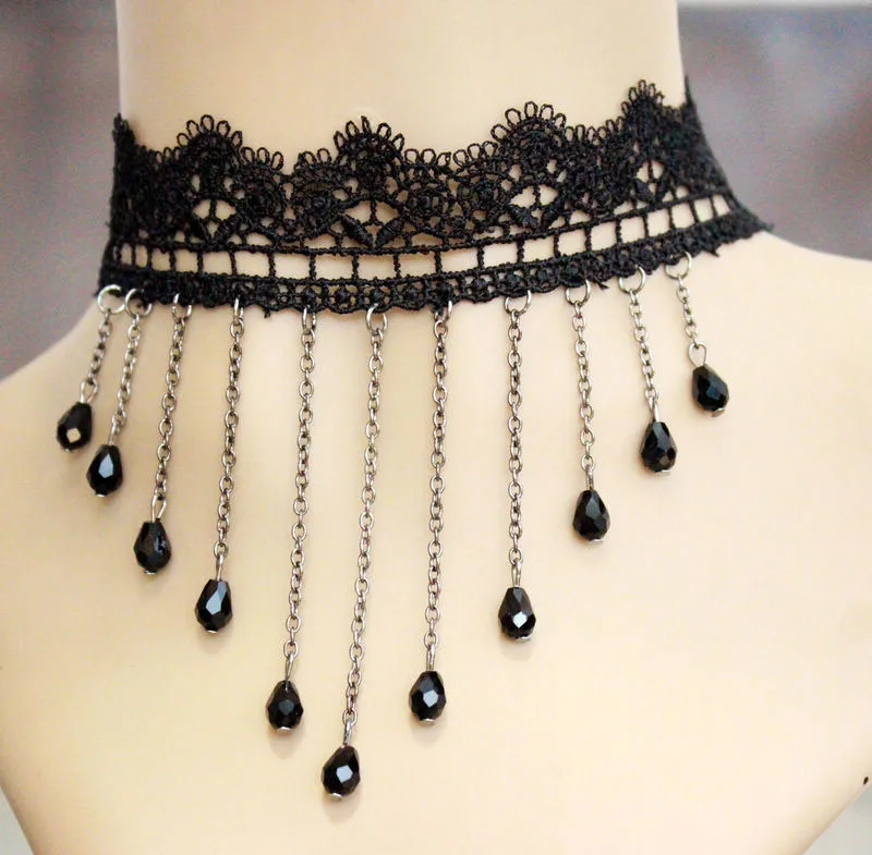 Tassel Summer Jewelry Women Black Lace Choker Necklaces Neckless Maxi Chocker Waterdrop Crystal Necklace for Laides Gift | Украшения и