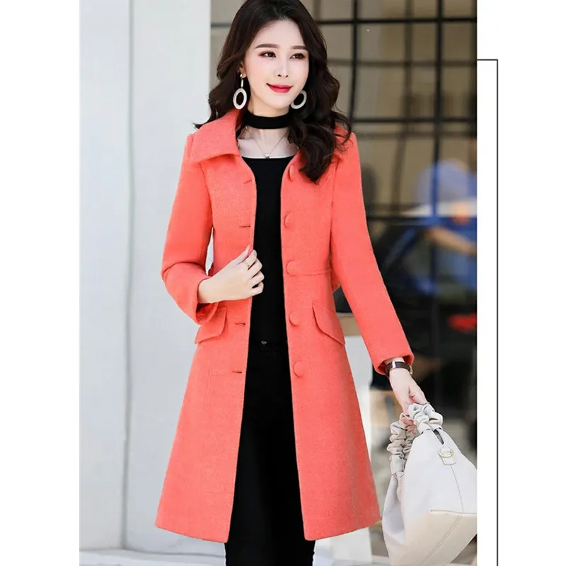 Orange red UHYTGF однобортные облегающие Женские Топы Верхняя одежда модная шерстяная куртка с отворотом осень-зима элегантное женское пальто больших размеров 1175 - Цвет: Orange red