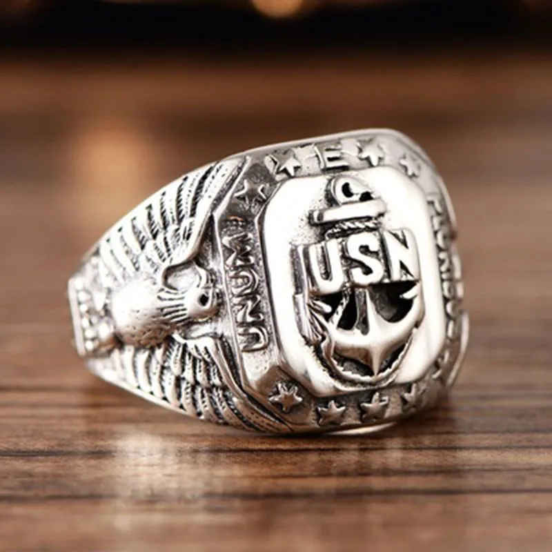 100% реальные технические серебряные ювелирные изделия USN Eagle Navy мужское кольцо в