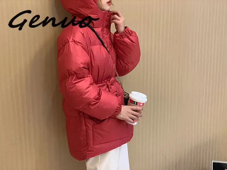 Genuo New Three Color Solid Women Parkas Hooded Zipper Single Breasted Coat Winter Thick Korean Fashion Sashes Jacket