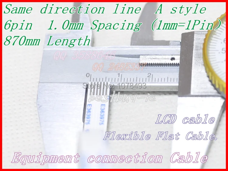 

1.0mm Spacing + 870mm Length +6Pin A / same direction line Soft wire FFC Flexible Flat Cable. 6P*1.0A*870MM