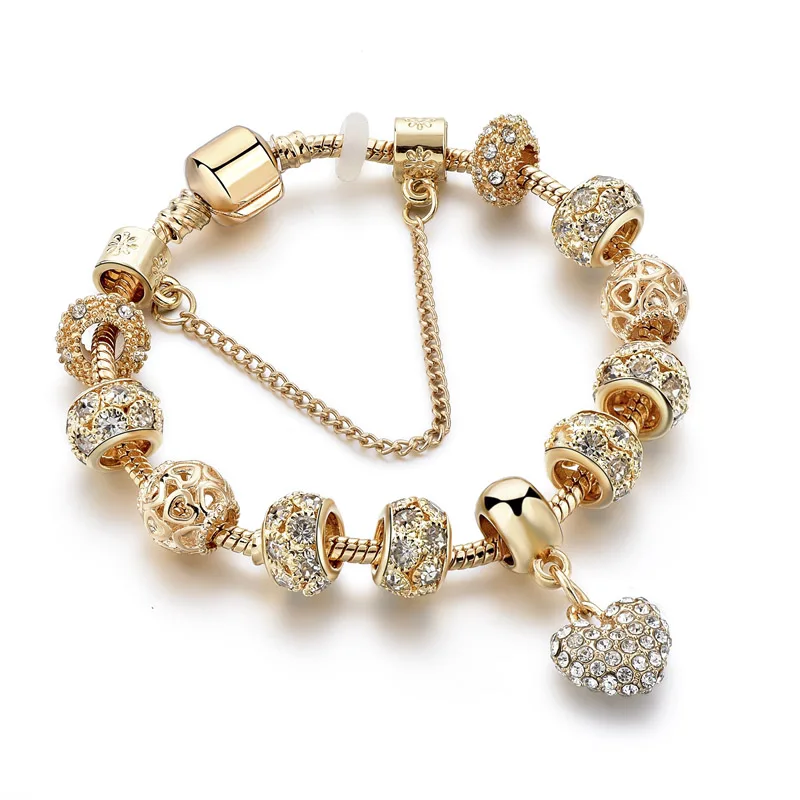 ATTRACTTO 20CM Gold Heart Charm Crystal Bracelets Bangles For Women Stainless Steel Bracelet Handmade Jewelry Bracelet SBR190044 - Окраска металла: SBR190044GD