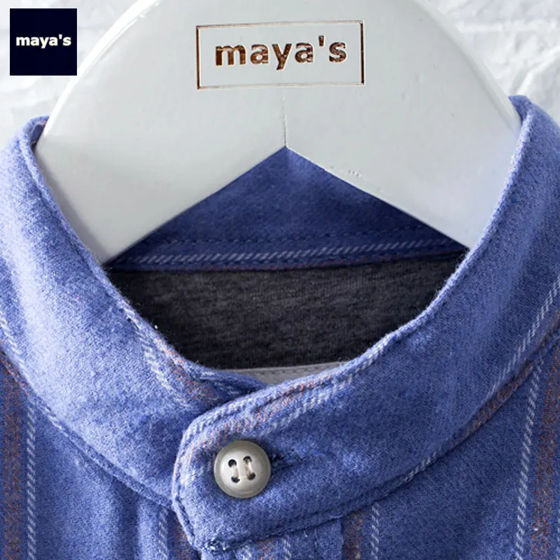 Mayas/зимние теплые синие утепленные детские рубашки хлопковые в полоску с