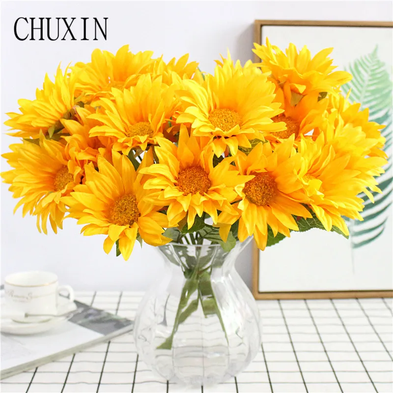Artificial silk 5 head sunflower bouquets Home hotel table decoration fake flowers Wedding hand holding Photography props | Дом и сад
