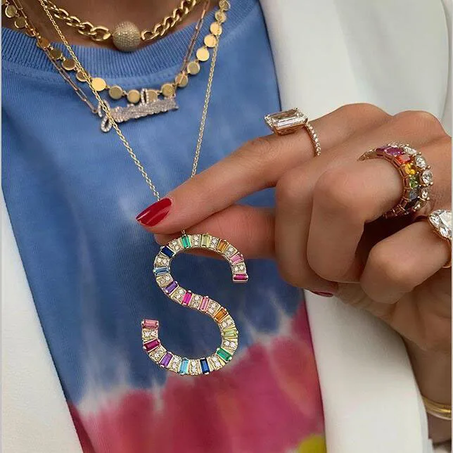 Высокое качество iced out микро pave cz красочное Радужное ожерелье "багет" для женщин мужчин хип хоп ювелирные изделия начальный A J Шарм ожерелье