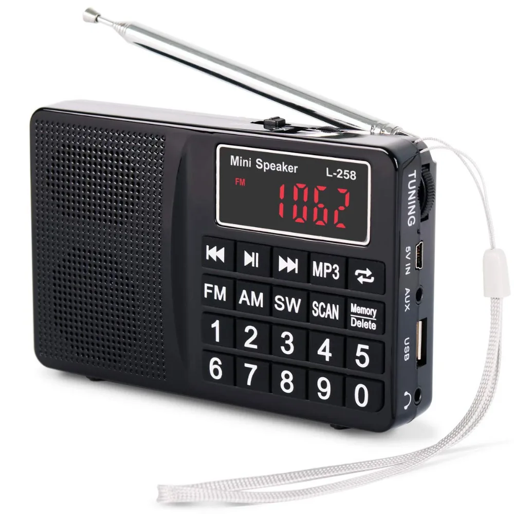 PRUNUS портативный SW/FM/AM (MW) MP3 радио с басовым динамиком. Большая кнопка и дисплей.