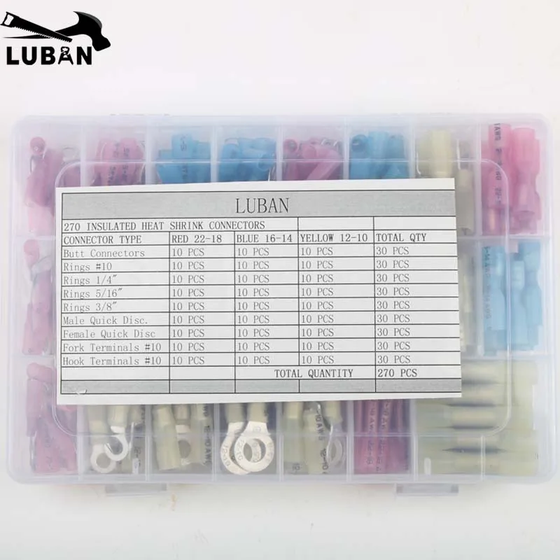 LUBAN 270 шт. термоусадочные стыковые электрические обжимные клеммы провода Кабельные соединители стыковые соединители кольца мужские и женские вилка крюк комплект