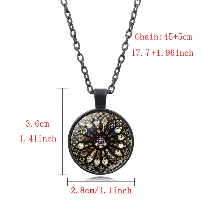 Dame De Paris Cathedral Jewelry Rose Window Stained Photo Cabochon Glass Pendant Black Chain Necklace Christian Gifts for Women |