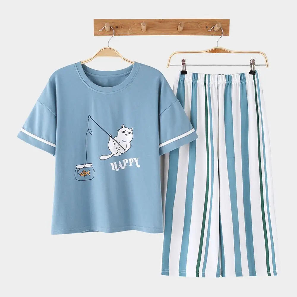 Sleepwear-Sky Blue DANALA хлопковые повседневные женские пижамы, комплекты летних пижам с принтом животных, модные комплекты одежды для сна с коротким рукавом, домашние костюмы, одежда для сна для женщин - Цвет: Sleepwear-Sky Blue