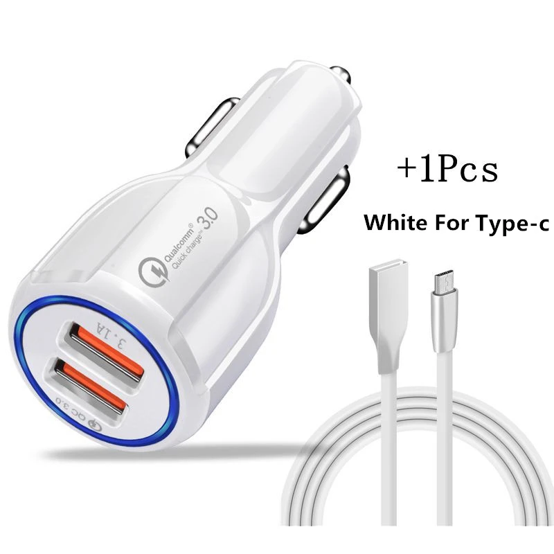 White Add USB C Cord Автомобильное зарядное устройство Quick Charge 3,0 с двумя портами USB, универсальное зарядное устройство QC3.0 с двумя портами USB для iPhone, samsung, Xiaomi, gps, автомобильное зарядное устройство - Тип штекера: White Add USB C Cord