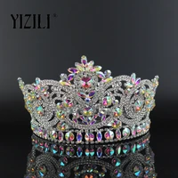 yizili new european big bride wedding crow ab full diamond crystal large round queen crown wedding hair accessories paty c060