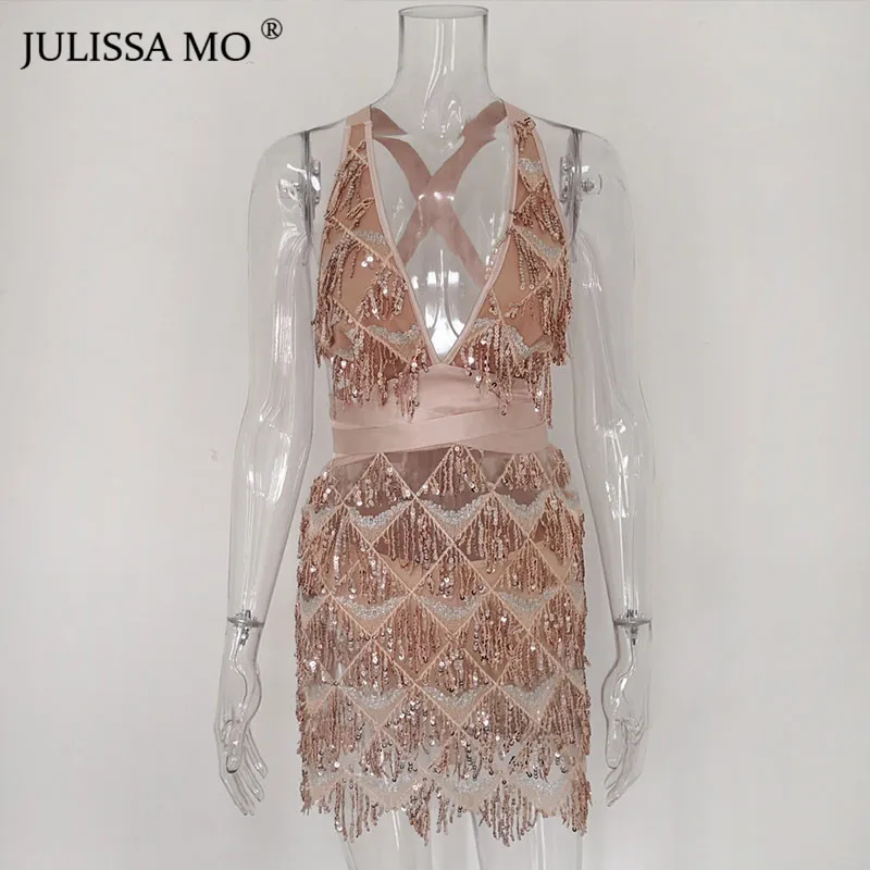 rose gold Julissa mo, серебристое Бандажное облегающее платье с блестками, женское сексуальное мини-платье с открытой спиной,, вечернее платье с кисточками знаменитостей vestidos - Цвет: rose gold