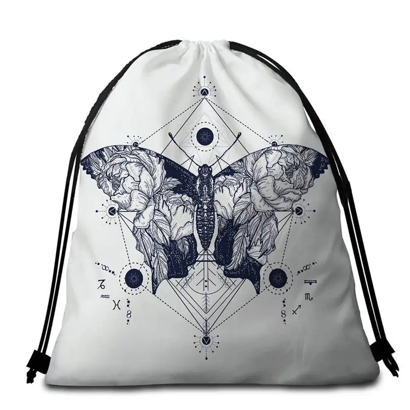 003 DoubleSide Bag Постельное белье Outlet Death Moth круглое пляжное полотенце Готический Череп полотенце большое для взрослых бабочка Toalla кисточкой Луна галактика коврик для пикника - Цвет: 003 DoubleSide Bag