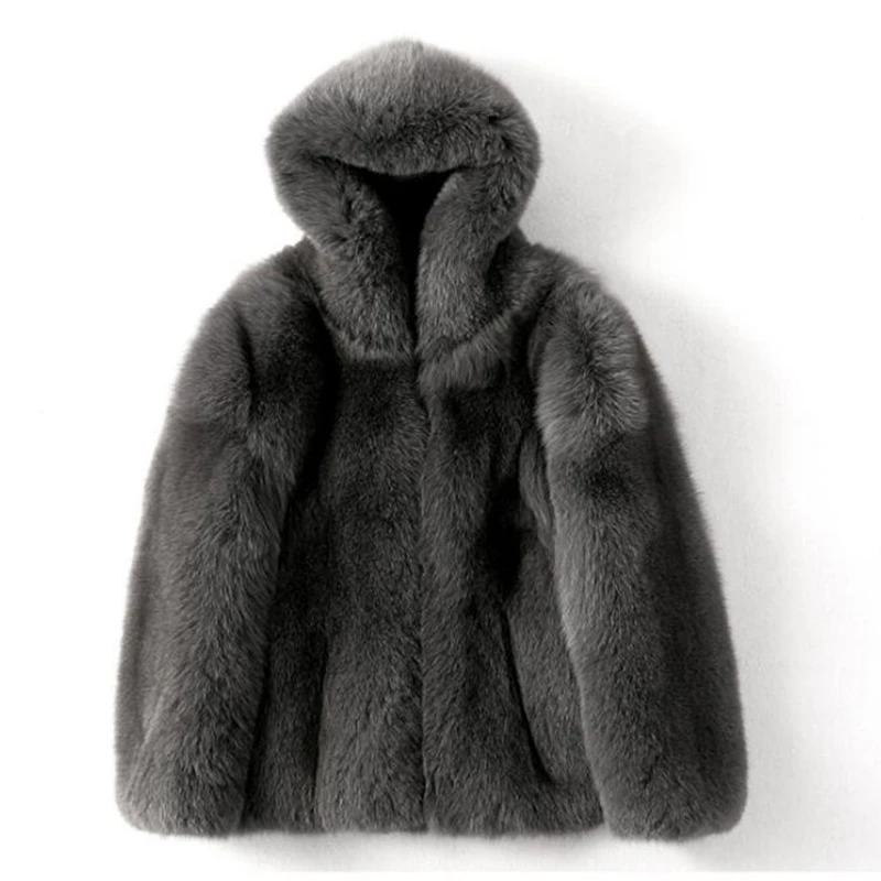 Мех Sarcar, высокое качество, теплое серое пальто из натуральной кожи, роскошное Мужское пальто, Зимняя Толстая мужская куртка из лисьего меха с капюшоном