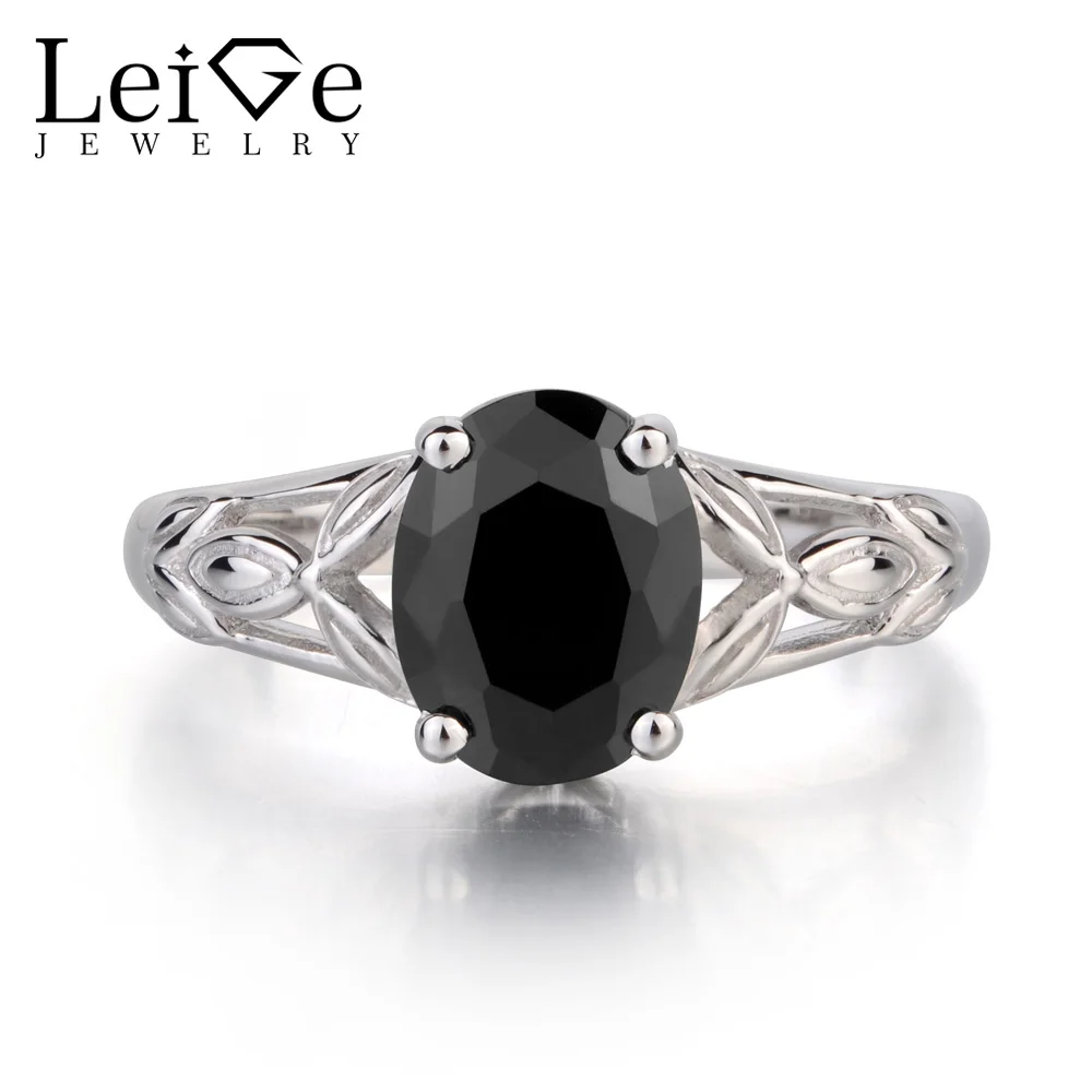 

Leige Jewelry Natural Black Spinel Ring Oval Cut Solitaire Ring Gemstone Promise Party Ring 925 Sterling Silver Ring for Women