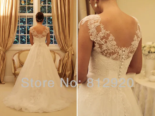 

A-line Cap Sleeve Ivory Lace See Through Wedding Gowns