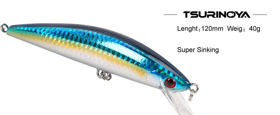 TSURINOYA DW37 тонущие приманки Minnow 120 мм 40 г тройные Крючки искусственная жесткая приманка Dur Карп рыболовные принадлежности; воблер