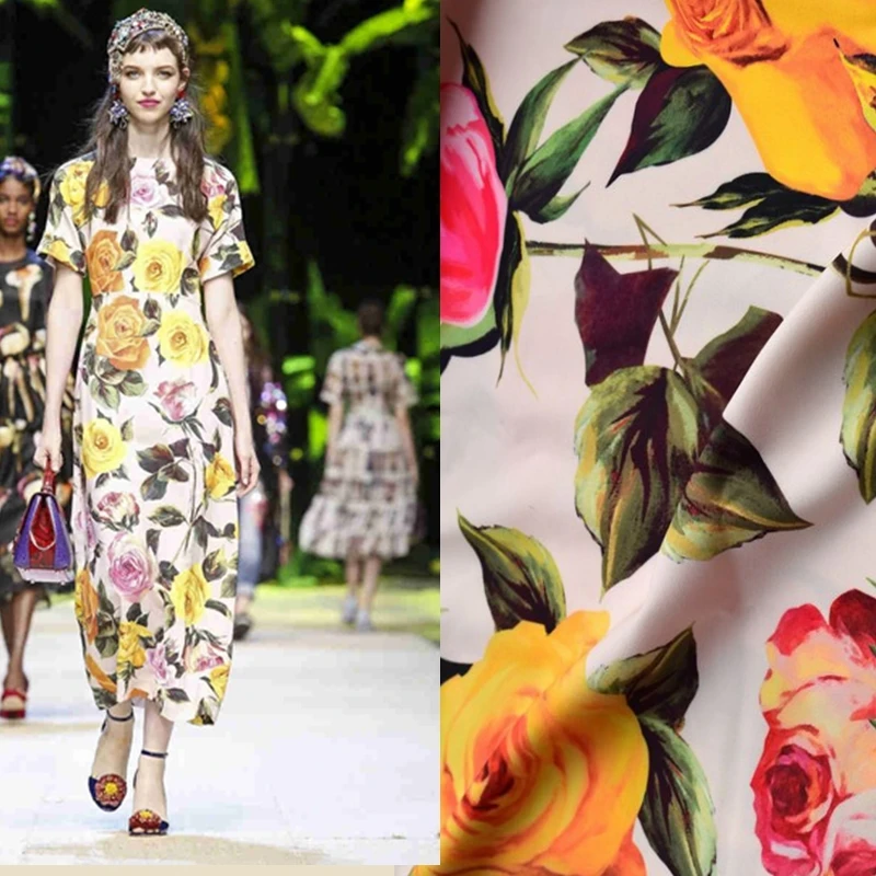 

Hot Sale 2021 New Fashion Spring And Summer Digital Print Rose Satin Crepe Fabric For Dress Tissu Au Meter Bright Cloth DIY
