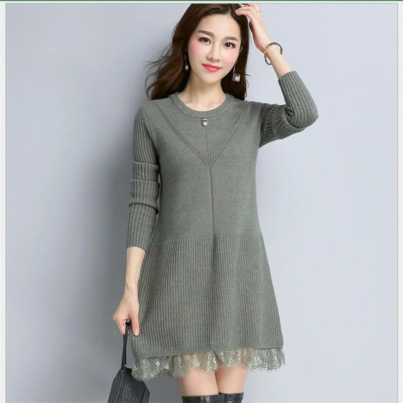 Милое вязаное платье-свитер с круглым вырезом теплые женские Пуловеры