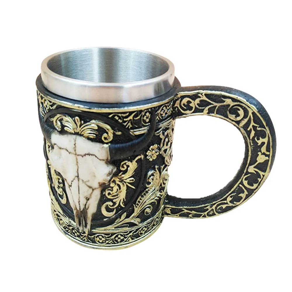 3D creative personality cow head mug Halloween Tankard Coffee Mug Cup Cool Stainless Steel Tea hot Skull Gift 4.30 | Дом и сад