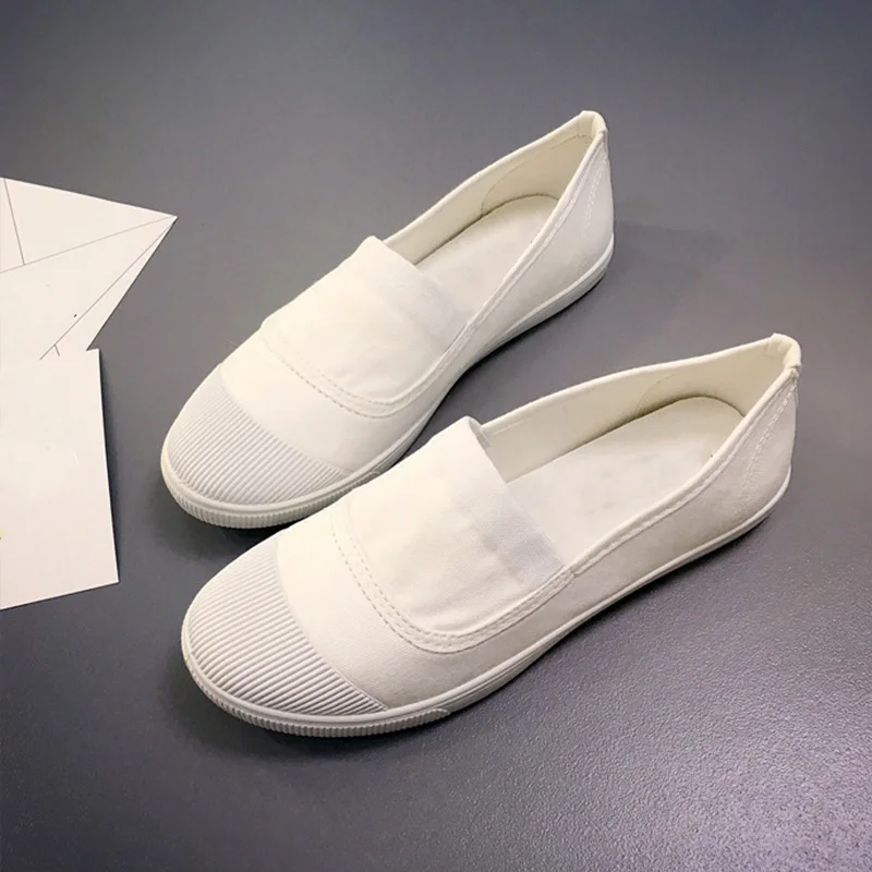 white Женские низкие туфли без каблуков; парусиновые женские кроссовки; женские лоферы без шнуровки на мягкой подошве; женская однотонная обувь для девочек; Прямая поставка; - Цвет: white