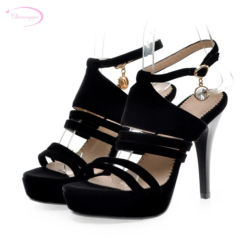 

Chainingyee noble party open toe sandals fashion diamond belt buckle platform black 11cm thin high heel women shoes