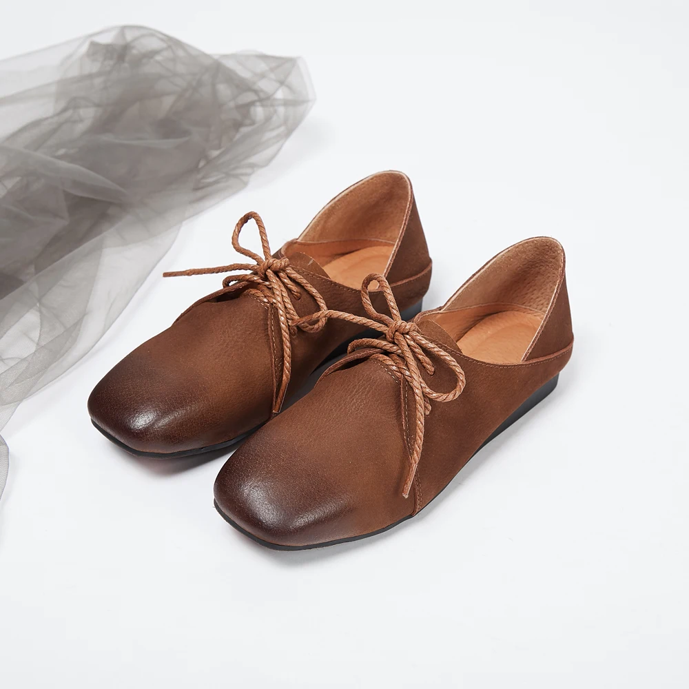 2019 spring new square head leather casual lace shoes low heel soft bottom women's | Обувь