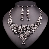 vintage crystal skull jewelry sets punk statement necklace earrings retro skeleton gothic halloween party accessories for women