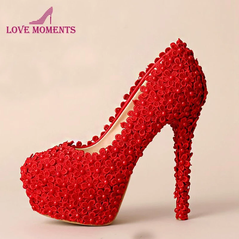 Новинка милые красные свадебные туфли с кружевными цветами праздничные ручной