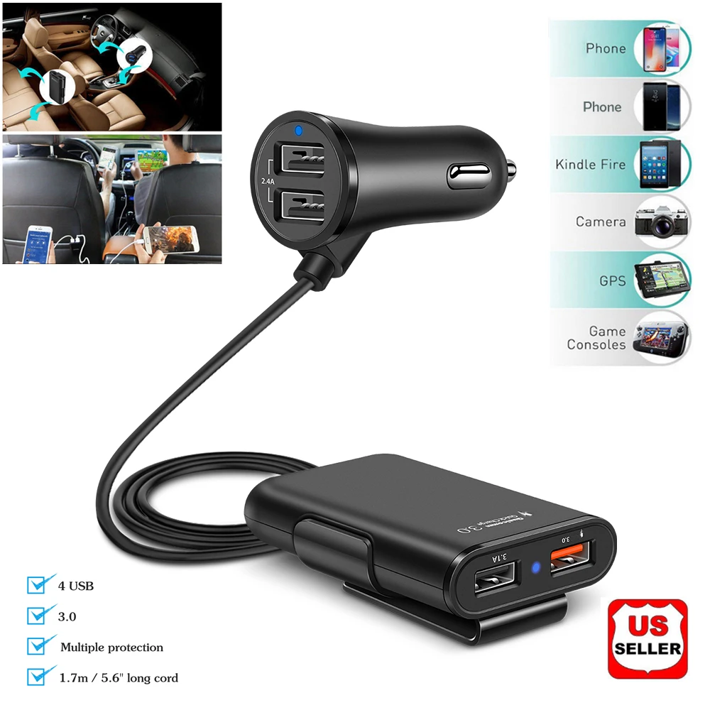 POWSTRO 4 порта Быстрый 3,0+ A USB Автомобильное зарядное устройство Универсальный USB Быстрый адаптер с 5.6ft удлинитель Кабель для MPV автомобильный телефон