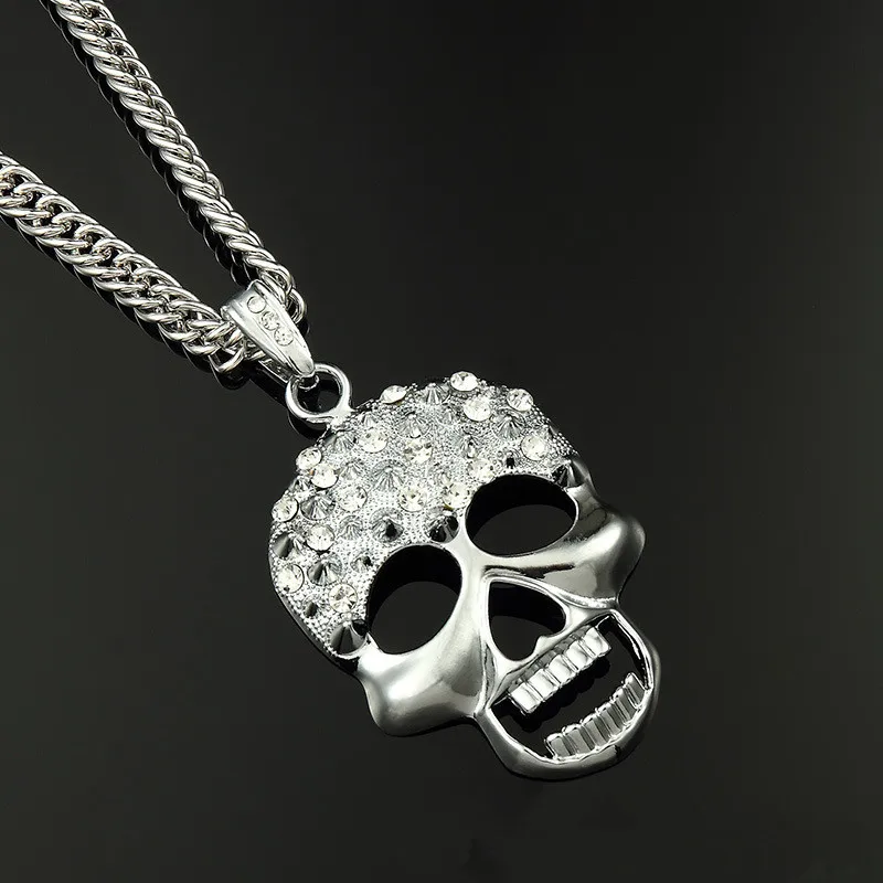 New fashion personality high quality gold color inlaid crystal skull - end necklace pendant jewelry | Украшения и аксессуары