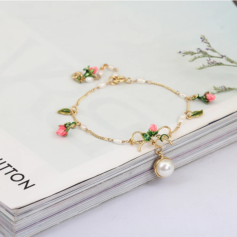 Любовь Символ Серии Розы Перлы Смычка Зеленый Лист Браслет Женщина Покрытие 18 К