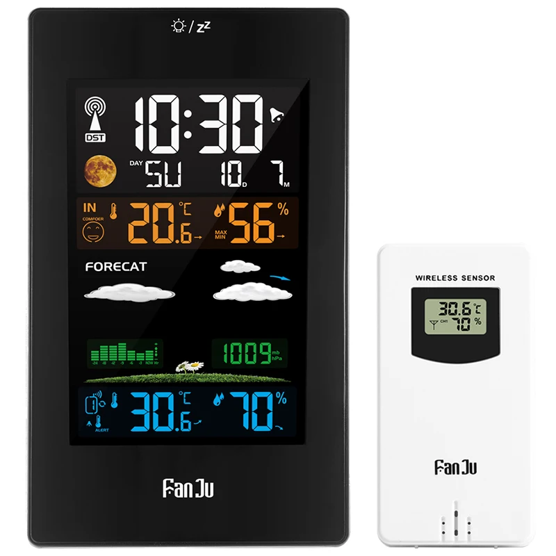 Black FanJu FJ3389 цветная метеостанция, беспроводной термометр, гигрометр, барометр, прогноз погоды, цифровой будильник, настенные часы, календарь - Цвет: Black