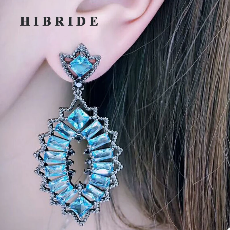 

HIBRIDE Wholesale Beautiful Flower Shape Brazil Style Blue Cubic Zirconia Drop Earrings For Women Brincos Pendientes Mujer E-607