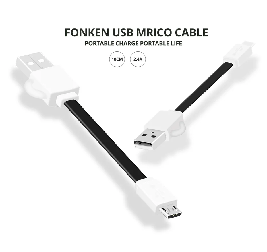 FONKEN Micro USB кабель 10 см карманные телефонные кабели Запасные запасные аккумуляторы для путешествий Быстрая зарядка шнур 2.4A брелок лапша Android кабель для передачи данных