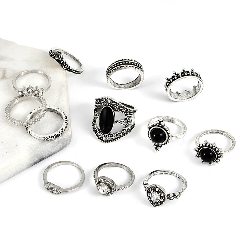 12 шт./компл. Boho женский солнце капли воды Корона круглый самоцвет геометрический серебряное кольцо с хрусталем Модный комплект Одежда Для Вечеринки аксессуары