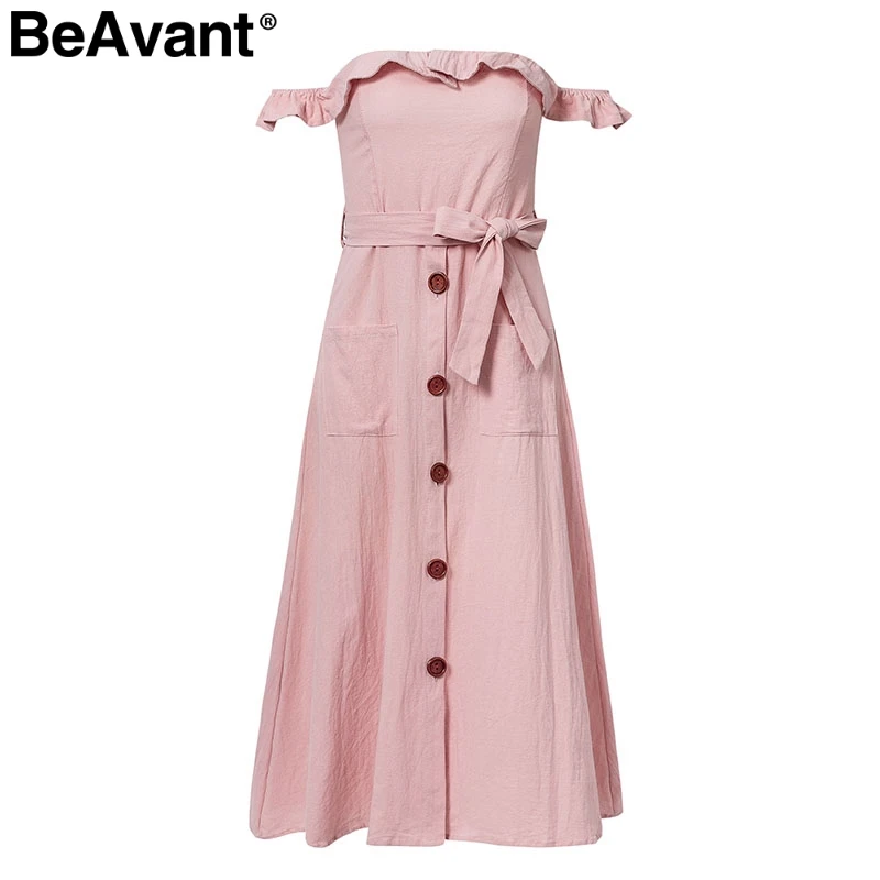 Pink BeAvant летнее платье с открытыми плечами и рюшами, женское элегантное короткое платье с поясом и высокой талией, женские платья миди с карманами и пуговицами, vestidos - Цвет: Pink