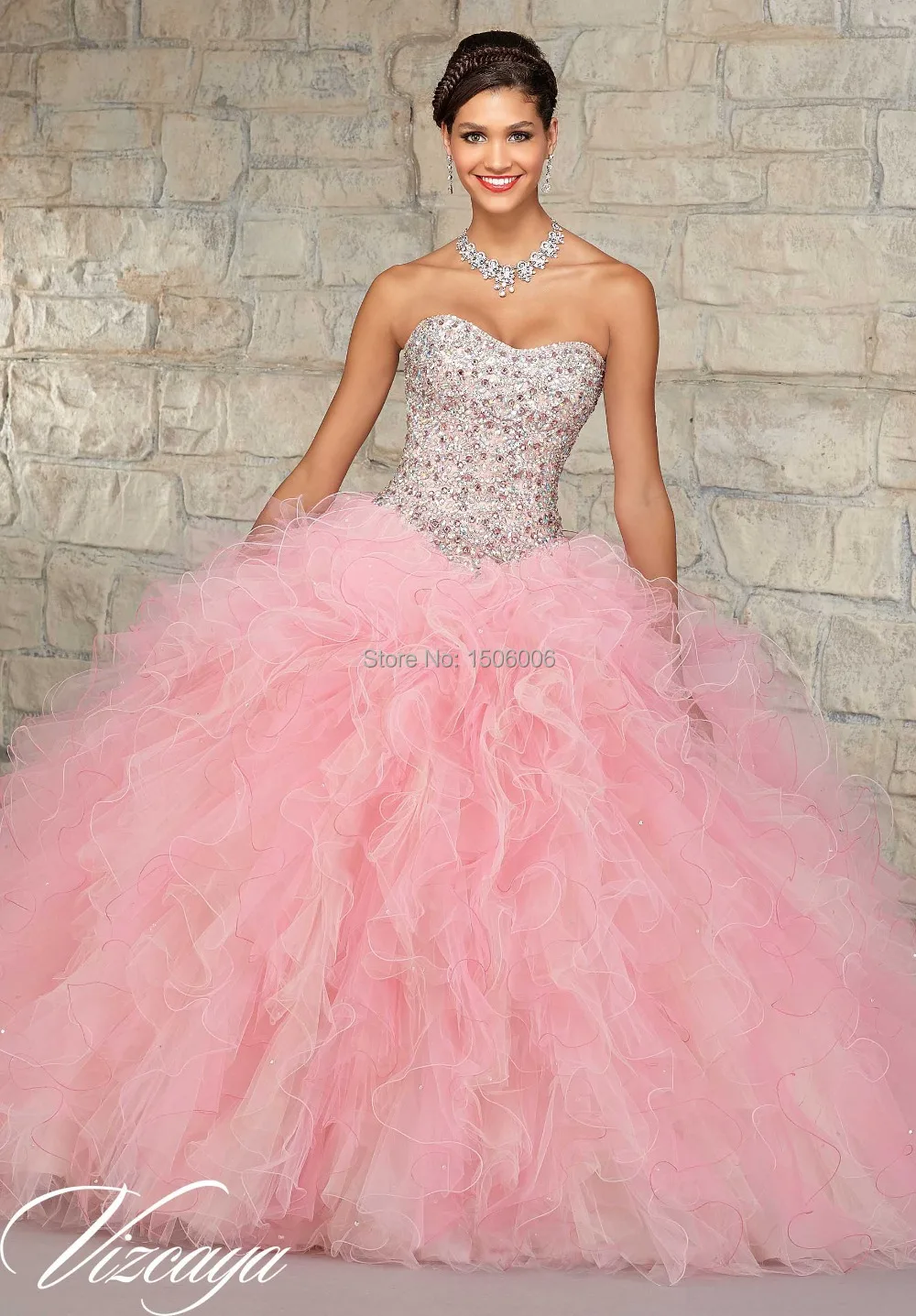 Платья для Quinceanera официальное платье Розовое Бальное Платье без рукавов с