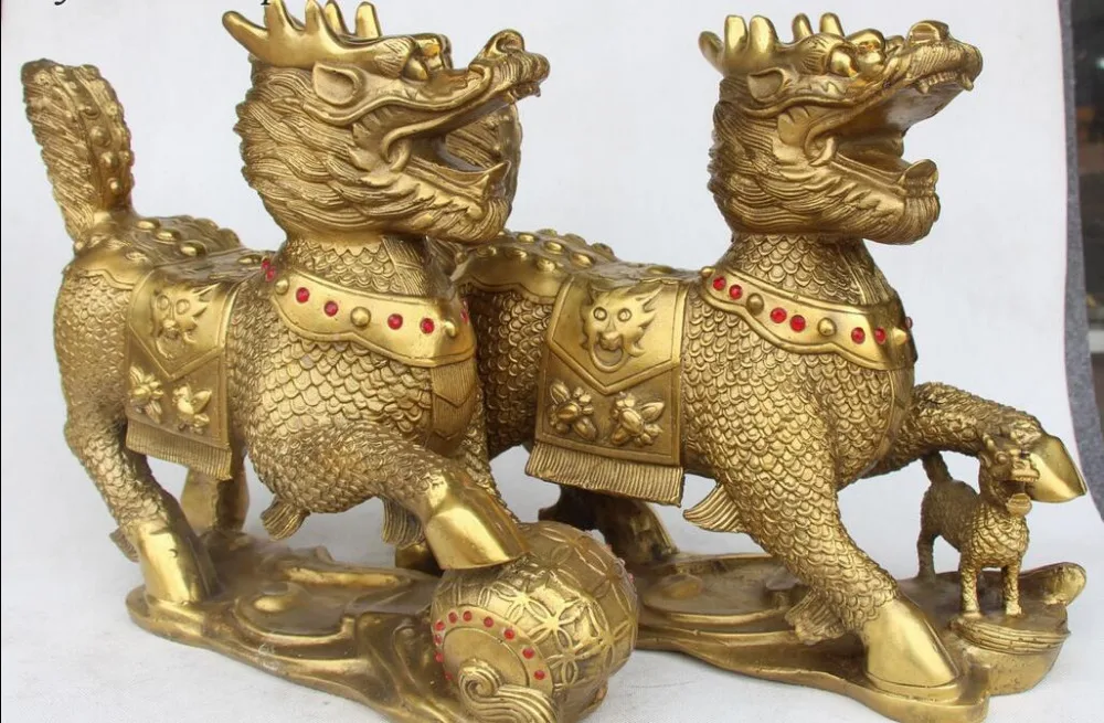 12 &quotКитайский Фэншуй Чистая Бронзовый фигурка с драконом цилинь платье в стиле