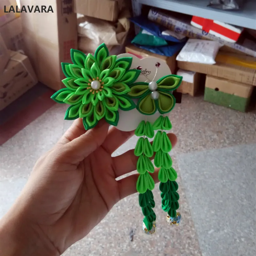 LALAVARA 2 шт. на заказ ленты Сакура шпильки для волос Свадебные аксессуары для женщин девочек японский цветок kanzashi - Цвет: green