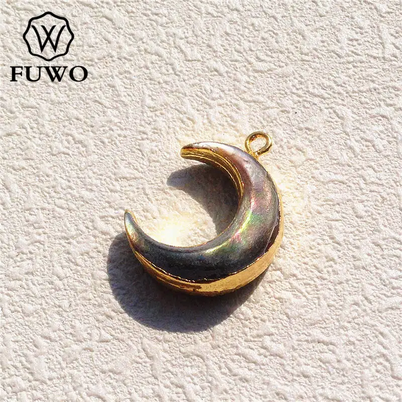 

FUWO Natural Black Mother Of Pearl Pendant 24k Gold Electroplated Lustrous Dark-Lipped Shell Double Horn Jewelry Wholesale PD519