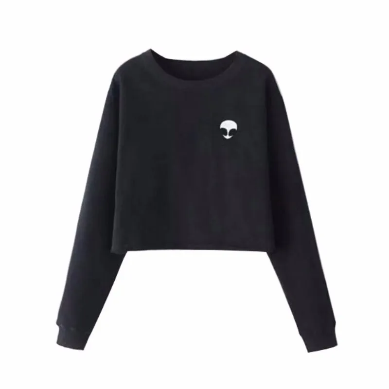 Female T-shirt Spring Autumn Long Sleeve O-Neck Casual Cotton T Shirts Women Harajuk Top Fashion Alien Head Print Short Tees